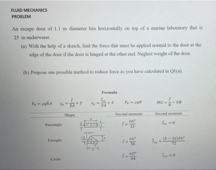 Fluid Mechanics Problem An Escape Door Of 1 1 M Diameter Lies Horizontally On Top Of A Marine Laboratory That Is 25 M Un 1