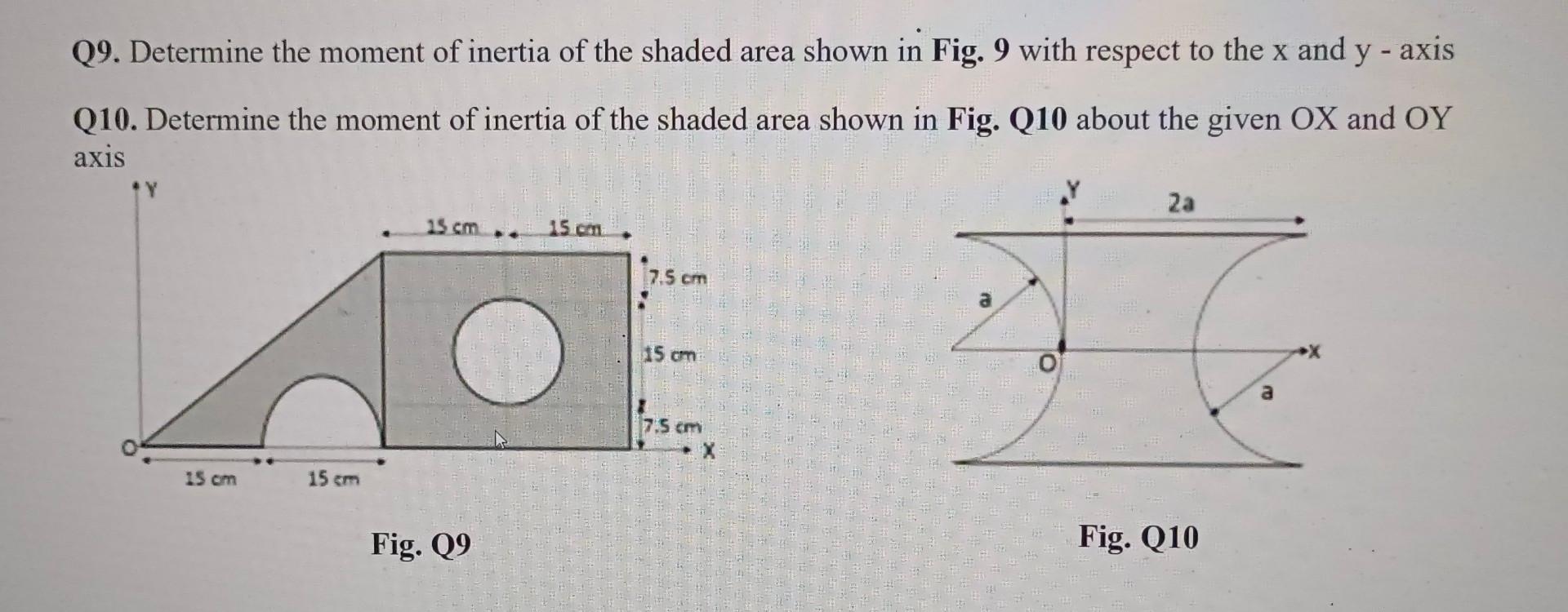 Q9 Determine The Moment Of Inertia Of The Shaded Area Shown In Fig 9 With Respect To The X And Y Axis Q10 Determine 1