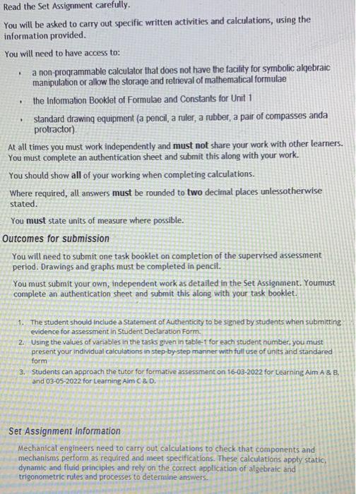 Read The Set Assignment Carefully You Will Be Asked To Carry Out Specific Written Activities And Calculations Using Th 1