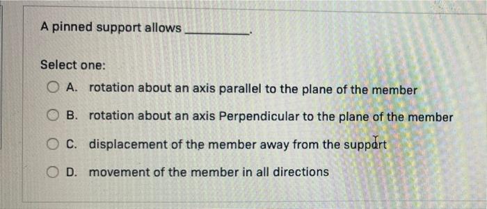 A Pinned Support Allows Select One O A Rotation About An Axis Parallel To The Plane Of The Member B Rotation About An 1