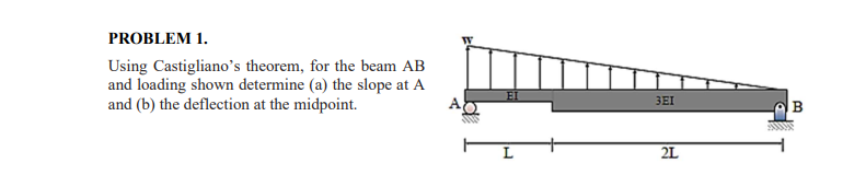 Problem 1 Using Castigliano S Theorem For The Beam Ab And Loading Shown Determine A The Slope At A And B The Defle 1