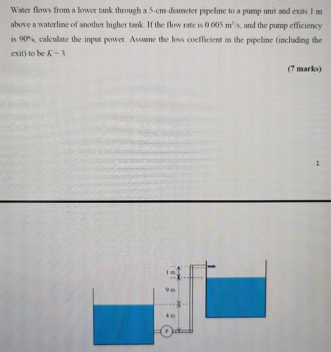 Water Flows From A Lower Tank Through A 5 Cm Diameter Pipeline To A Pump Unit And Exits 1 M Above A Waterline Of Another 1