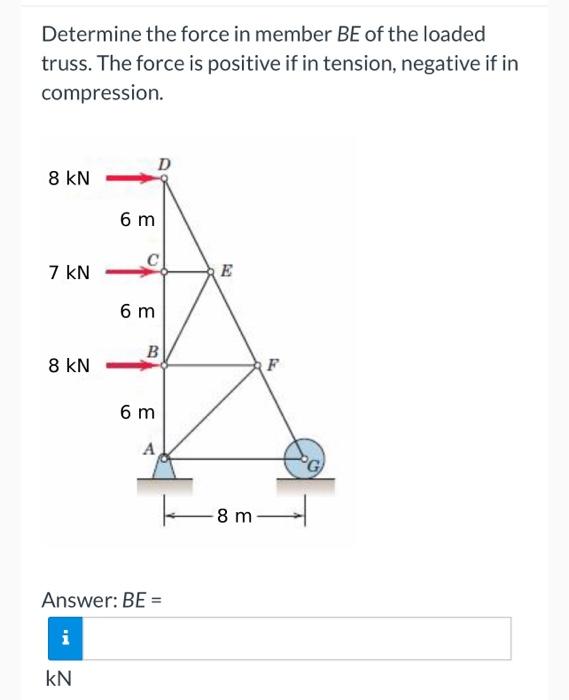 Determine The Force In Member Be Of The Loaded Truss The Force Is Positive If In Tension Negative If In Compression 8 1