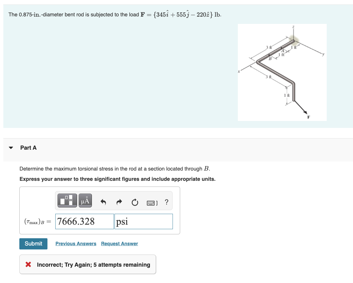 The 0 875 In Diameter Bent Rod Is Subjected To The Load F 345 555 2202 Lb Part A Determine The Maximum Torsio 1