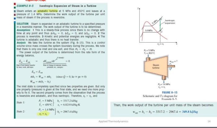 Example 8 5 Isentropic Expansion Of Steam In A Turbine Steam Enters An Adiabatic Turbine At 5 Mpa And 450 C And Leaves A 1