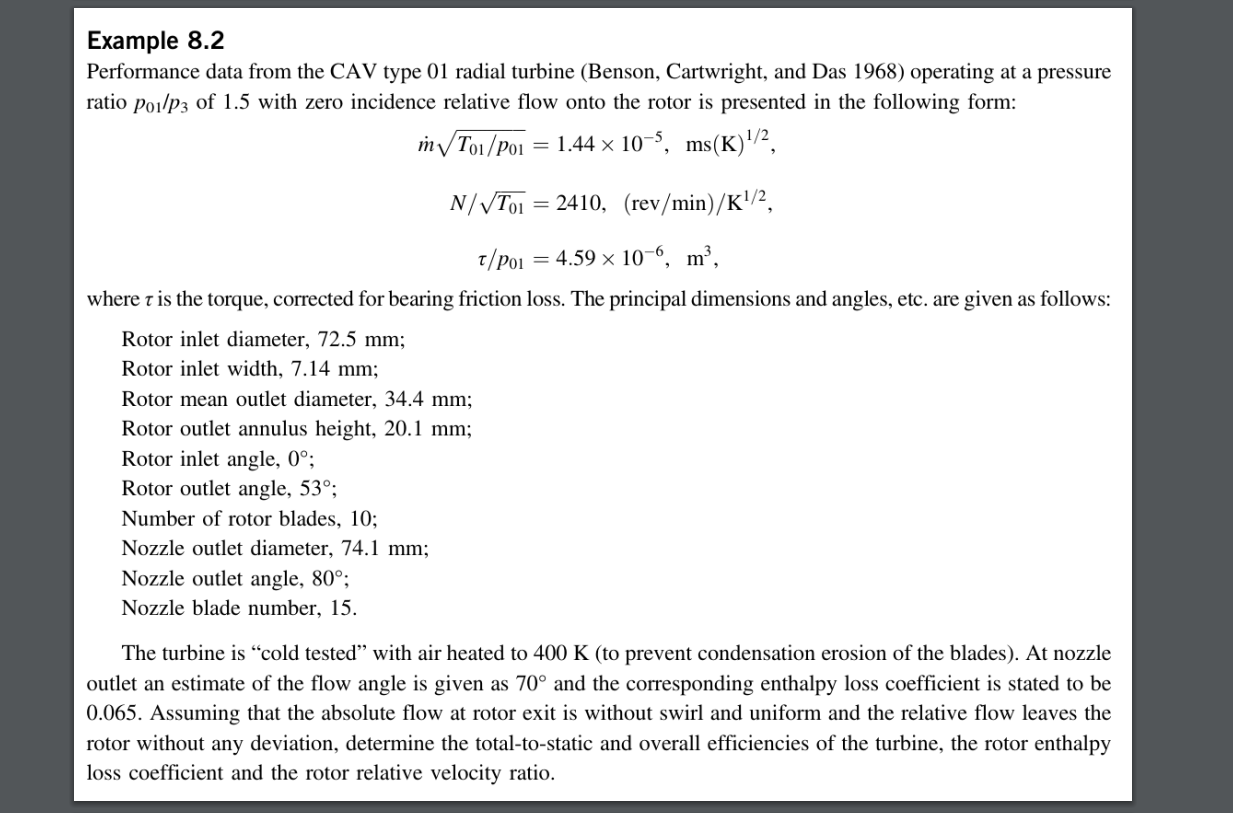 Example 8 2 Performance Data From The Cav Type 01 Radial Turbine Benson Cartwright And Das 1968 Operating At A Press 1