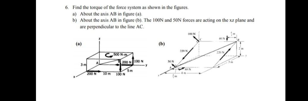 6 Find The Torque Of The Force System As Shown In The Figures A About The Axis Ab In Figure A B About The Axis Ab 1