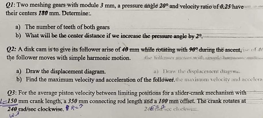 Q1 Two Meshing Gears With Module 3 Mm A Pressure Angle 20 And Velocity Ratio Of 0 25 Have Their Centers 180 Mm Deter 1
