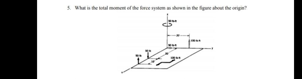 5 What Is The Total Moment Of The Force System As Shown In The Figure About The Origin 50 Tb T 100 B 50 Lb Ft 50 Lb 10 1