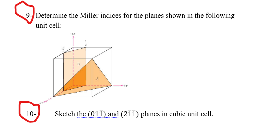 9 Determine The Miller Indices For The Planes Shown In The Following Unit Cell B A 10 Sketch The 011 And 211 Plan 1