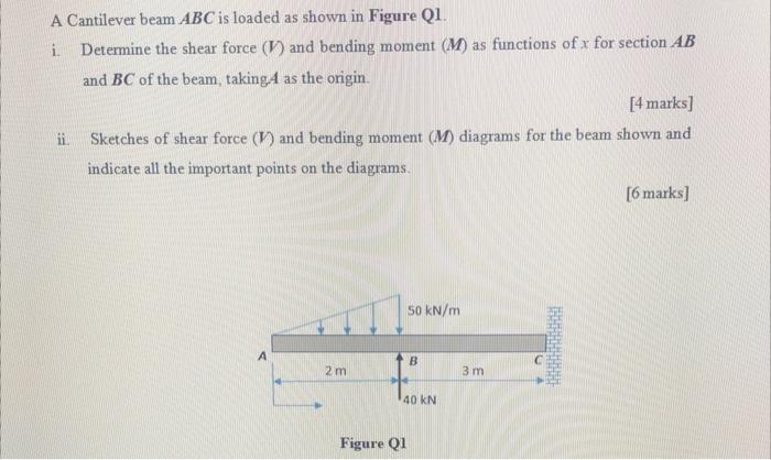 A Cantilever Beam Abc Is Loaded As Shown In Figure Q1 I Determine The Shear Force V And Bending Moment M As Functi 1