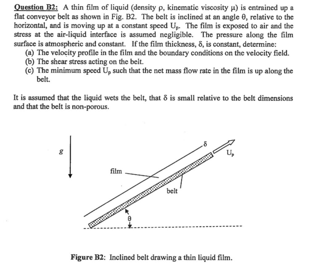 Question B2 A Thin Film Of Liquid Density P Kinematic Viscosity U Is Entrained Up A Flat Conveyor Belt As Shown In F 1