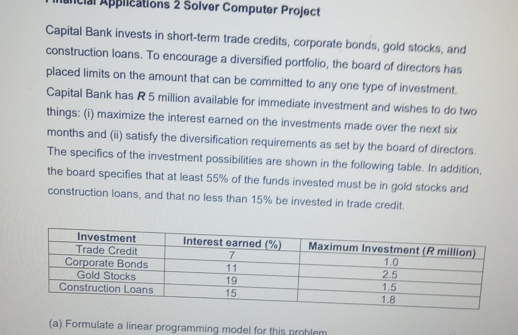 A Formulate Linear Programming Model For This This Problem 1