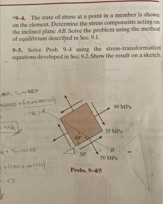 9 4 The State Of Stress At A Point In A Member Is Shown On The Element Determine The Stress Components Acting On The 1
