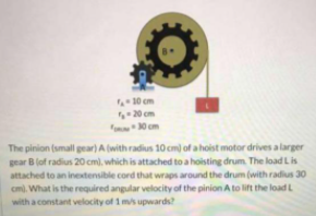 20 Cm The Pinion Small Gear A With Radius 10 Cm Of A Hoist Motor Drives A Larger Gear B Of Radius 20 Cm Which Is 1