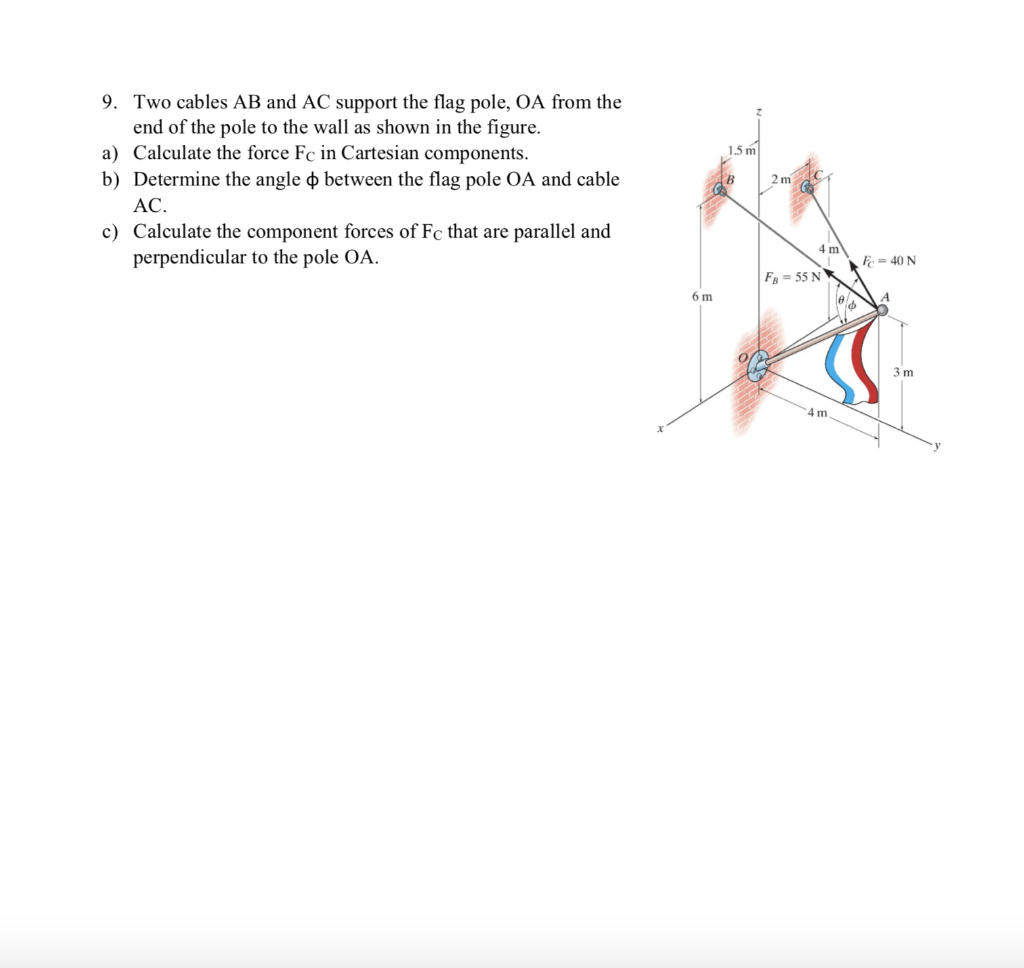 9 Two Cables Ab And Ac Support The Flag Pole Oa From The End Of The Pole To The Wall As Shown In The Figure A Calcul 1