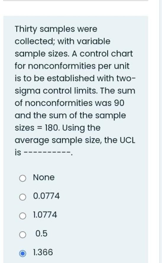 Thirty Samples Were Collected With Variable Sample Sizes A Control Chart For Nonconformities Per Unit Is To Be Establi 1