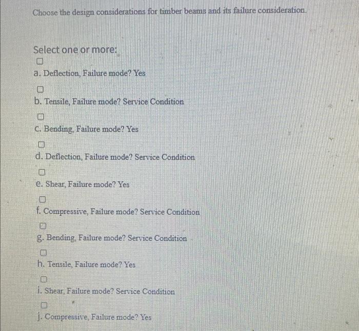 Choose The Design Considerations For Timber Beams And Its Failure Consideration Select One Or More A Deflection Fail 1