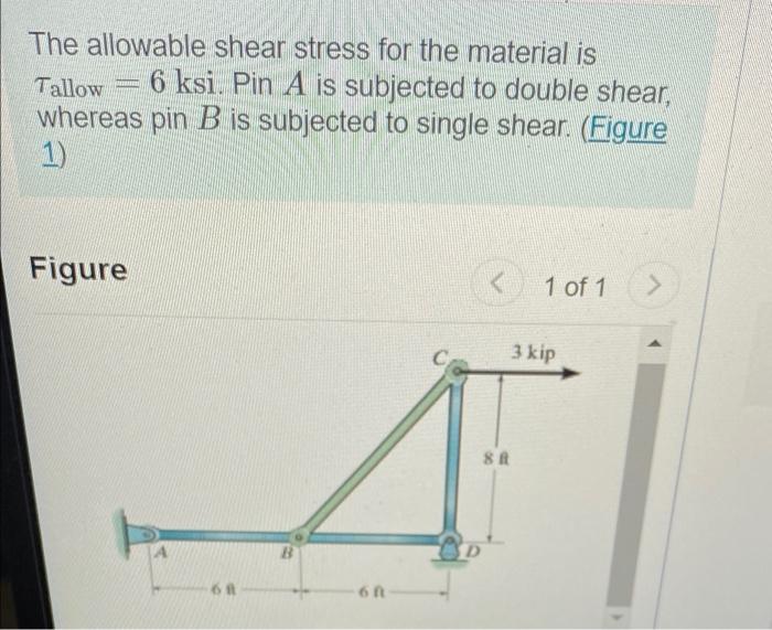 The Allowable Shear Stress For The Material Is Tallow 6 Ksi Pin A Is Subjected To Double Shear Whereas Pin B Is Subjec 1