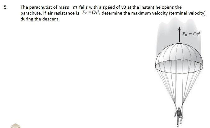 5 The Parachutist Of Mass M Falls With A Speed Of V0 At The Instant He Opens The Parachute If Air Resistance Is Fo Cv 1