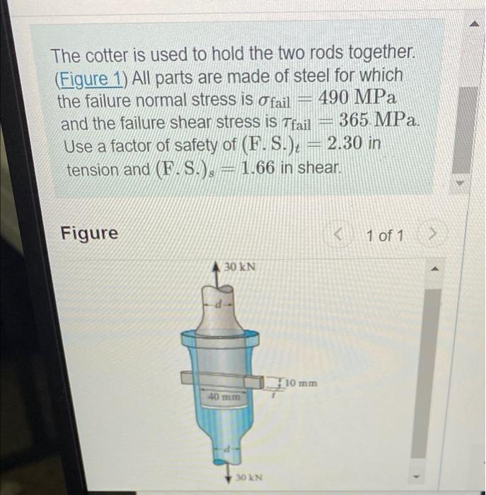 The Cotter Is Used To Hold The Two Rods Together Figure 1 All Parts Are Made Of Steel For Which The Failure Normal St 1