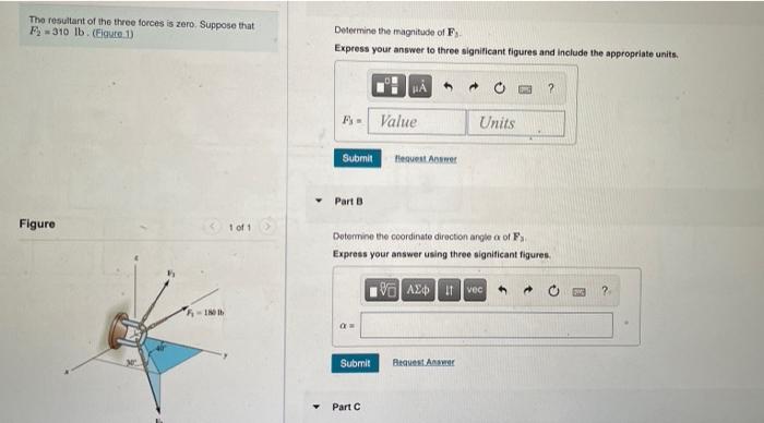The Resultant Of The Three Forces Is Zero Suppose That F 310 Lb Figure 1 Figure 1 Of 1 F 18016 Determine The Magnitu 1