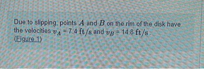 Due To Slipping Points A And B On The Rim Of The Disk Have The Velocities A 7 4 Ft S And Up 14 8 Ft S Figure 1 1