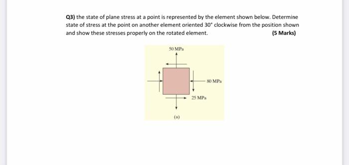 Q3 The State Of Plane Stress At A Point Is Represented By The Element Shown Below Determine State Of Stress At The Poi 1