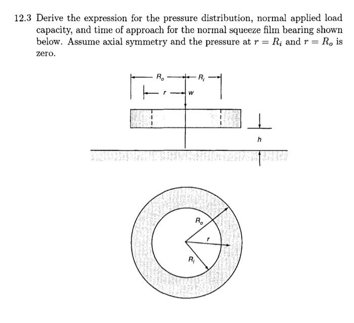 12 3 Derive The Expression For The Pressure Distribution Normal Applied Load Capacity And Time Of Approach For The Nor 1