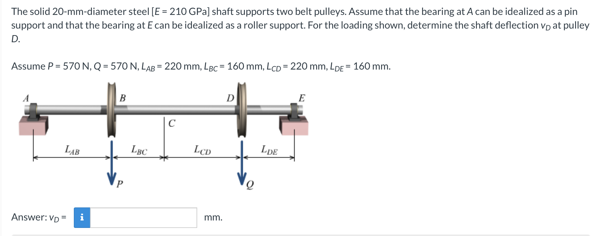 The Solid 20 Mm Diameter Steel E 210 Gpa Shaft Supports Two Belt Pulleys Assume That The Bearing At A Can Be Ideali 1
