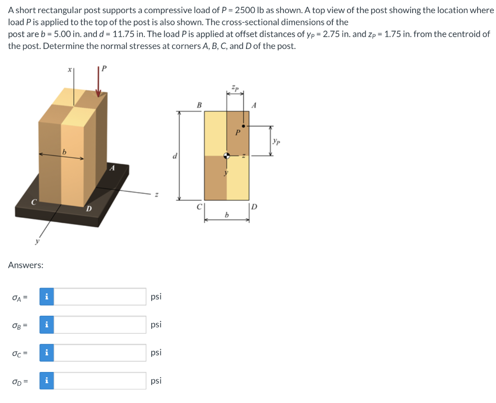 A Short Rectangular Post Supports A Compressive Load Of P 2500 Lb As Shown A Top View Of The Post Showing The Locatio 1