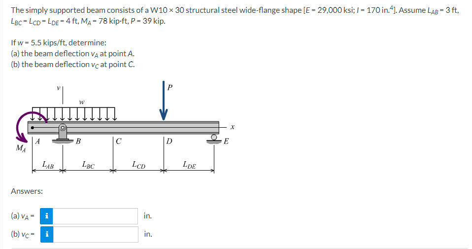 The Simply Supported Beam Consists Of A W10 X 30 Structural Steel Wide Flange Shape E 29 000 Ksi 170 In 4 Assu 1