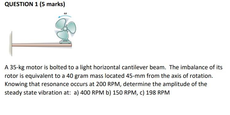 Question 1 5 Marks A 35 Kg Motor Is Bolted To A Light Horizontal Cantilever Beam The Imbalance Of Its Rotor Is Equiva 1