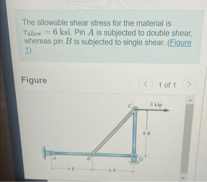 Tallow The Allowable Shear Stress For The Material Is 6 Ksi Pin A Is Subjected To Double Shear Whereas Pin B Is Subjec 1