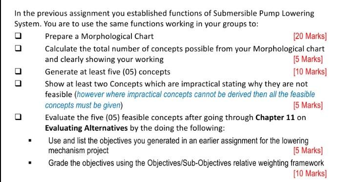 Create A Morphological Chart For A Submersible Water Pump Of A Pump Lowering System Please Show All Details Thanks 1
