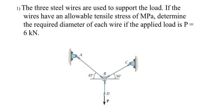 1 The Three Steel Wires Are Used To Support The Load If The Wires Have An Allowable Tensile Stress Of Mpa Determine T 1
