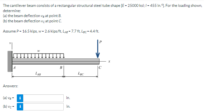 The Cantilever Beam Consists Of A Rectangular Structural Steel Tube Shape E 25000 Ksi 455 In 4 For The Loading Sho 1