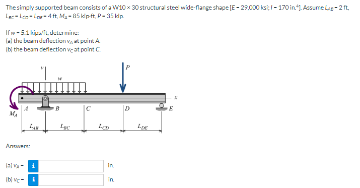 The Simply Supported Beam Consists Of A W10 X 30 Structural Steel Wide Flange Shape E 29 000 Ksi 1 170 In 4 Assume L 1