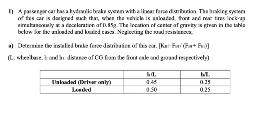 1 A Passenger Car Has A Hydraulic Brake System With A Linear Force Distribution The Braking System Of This Car Is Desi 1