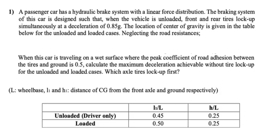 1 A Passenger Car Has A Hydraulic Brake System With A Linear Force Distribution The Braking System Of This Car Is Desi 1