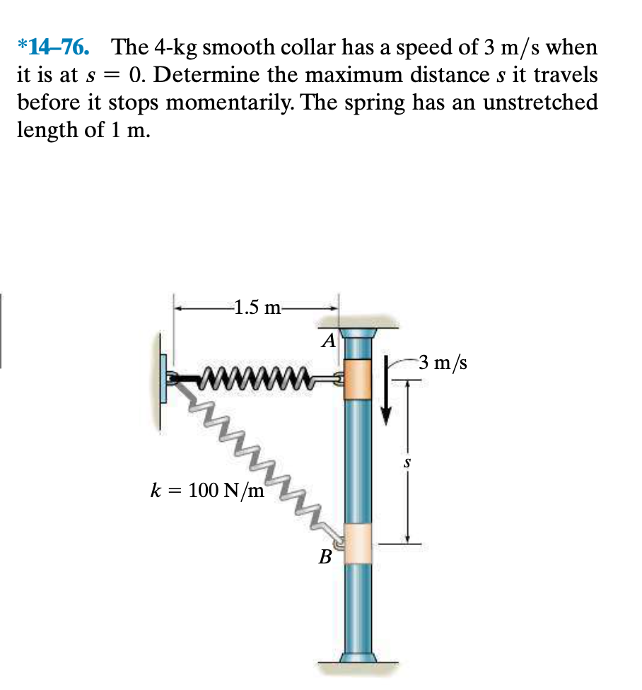 14 76 The 4 Kg Smooth Collar Has A Speed Of 3 M S When It Is At S 0 Determine The Maximum Distance S It Travels B 1