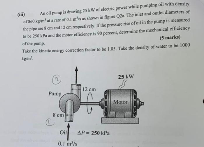 Iii An Oil Pump Is Drawing 25 Kw Of Electric Power While Pumping Oil With Density Of 860 Kg M At A Rate Of 0 1 M S A 1