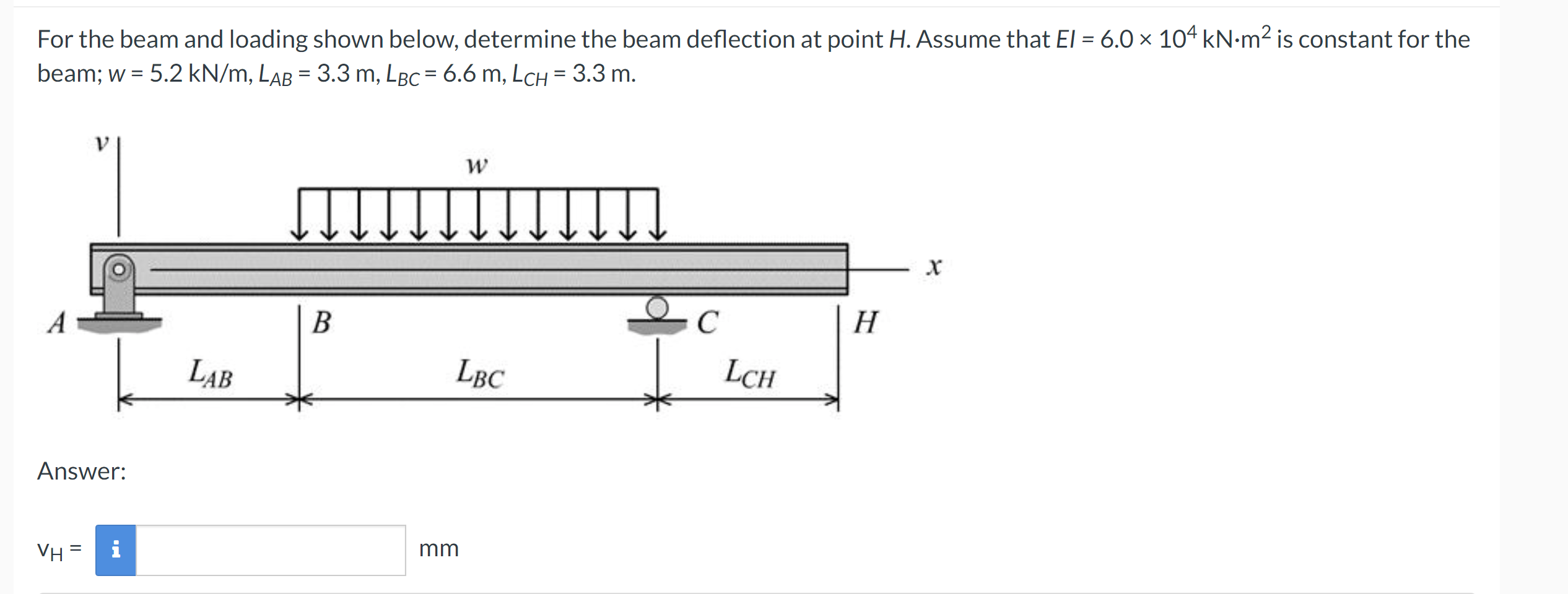 For The Beam And Loading Shown Below Determine The Beam Deflection At Point H Assume That El 6 0 104 Kn M Is Cons 1