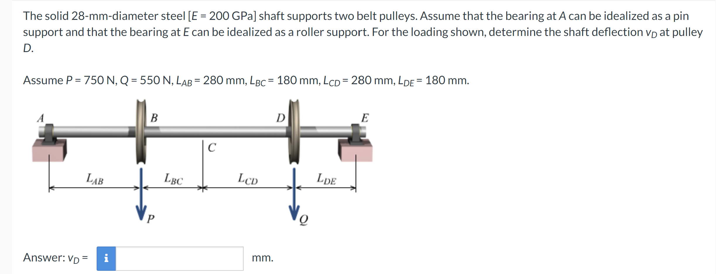 The Solid 28 Mm Diameter Steel E 200 Gpa Shaft Supports Two Belt Pulleys Assume That The Bearing At A Can Be Ideali 1