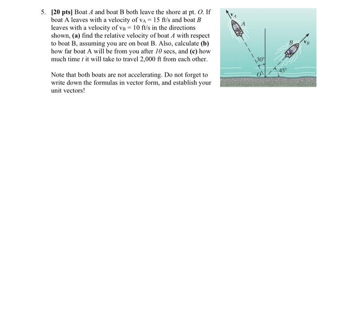5 20 Pts Boat A And Boat B Both Leave The Shore At Pt O If Boat A Leaves With A Velocity Of Va 15 Ft S And Boat B 1