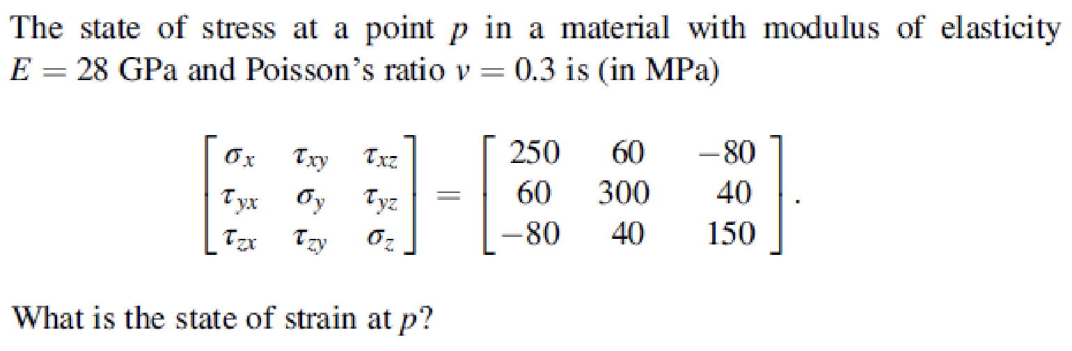 The State Of Stress At A Point P In A Material With Modulus Of Elasticity E 28 Gpa And Poisson S Ratio V 0 3 Is In Mp 1