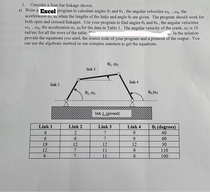 1 Consider A Four Bar Linkage Shown A Write A Excel Program To Calculate Angles 03 And 04 The Angular Velocities W3 1