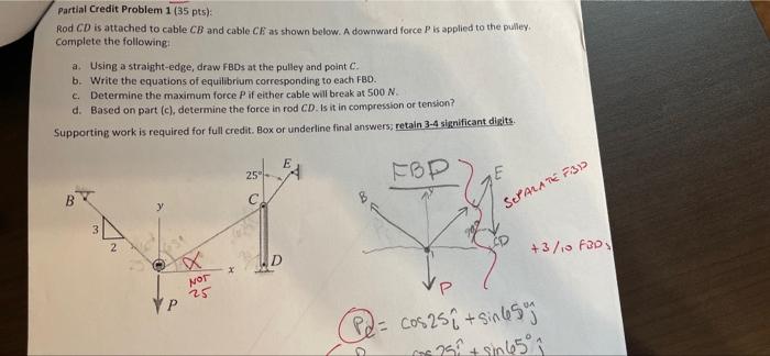 Partial Credit Problem 1 35 Pts Rod Cd Is Attached To Cable Cb And Cable Ce As Shown Below A Downward Force P Is App 1