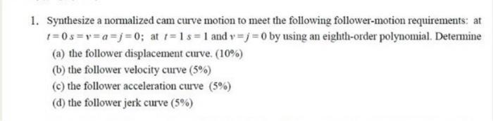 1 Synthesize A Normalized Cam Curve Motion To Meet The Following Follower Motion Requirements At 1 0s V A J 0 At T 1s 1