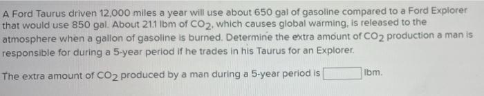 A Ford Taurus Driven 12 000 Miles A Year Will Use About 650 Gal Of Gasoline Compared To A Ford Explorer That Would Use 8 1